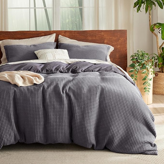 Bedsure Cooling Waffle Duvet Cover King - Cotton Blend Rayon Derived from Bamboo Duvet Cover Set for Hot Sleepers, Breathable Bedding Set with a Vintage Charm, 3 Pieces (Charcoal, King, 104"x90")