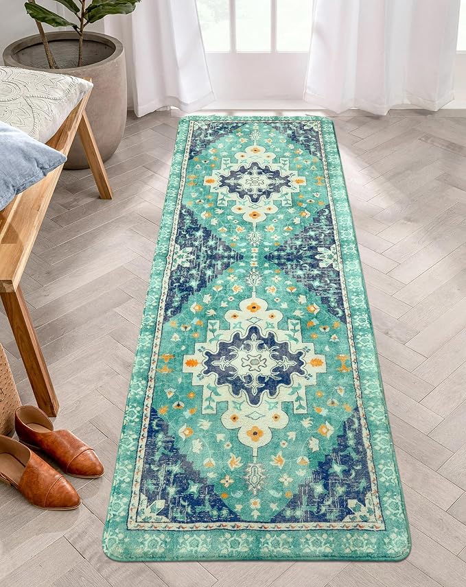 Uphome Boho Retro Hallway Runner Rug Green Non-Slip Soft Bathroom Rugs Oriental Machine Washable Runner Rug Traditional Tribal Floral Carpet for Bedroom Kids Room Entryway, 24x71 inch