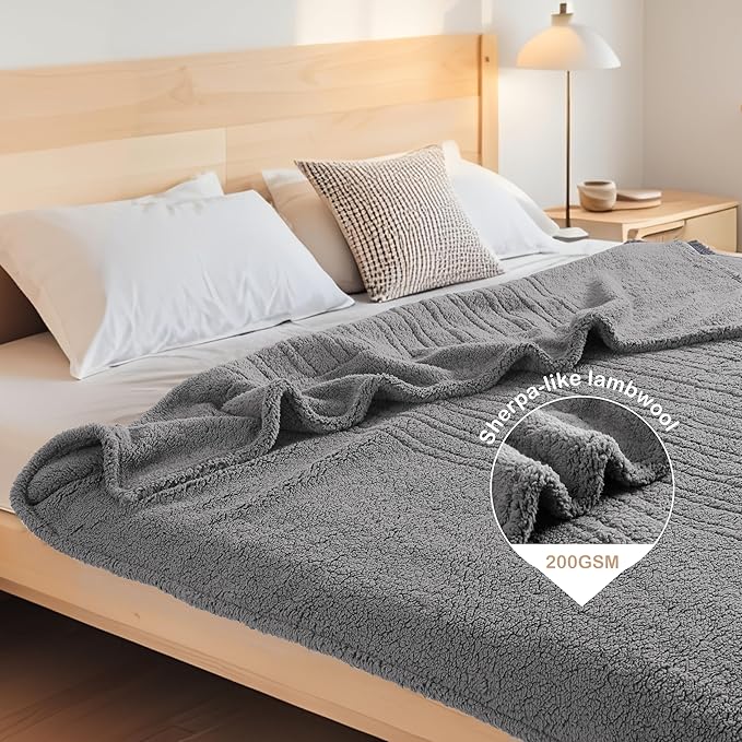 Electric Heated Blanket 6 Heating Settings & 3 H Auto Off Throw Size 50×60 Double Sided Plush Sherpa Ultra-Soft Warm Thick, Machine Washable, Fast Heating, Home Office Light Gray