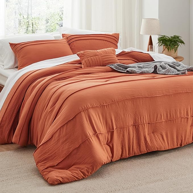 Bedsure King Comforter Set - 4 Pieces Pinch Pleat Bed Set, Burnt Orange Boho Bedding for All Season, 1 Soft Comforter, 2 Pillowcases, 1 Decorative Pillow