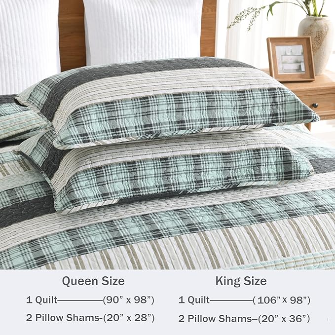 Homzard Queen Comforter Set，Cotton Quilts Queen Size，Teal Black Beige Bedding，Plaid Striped Bedspread，Lightweight Reversible Coverlet All Season 3 Pieces
