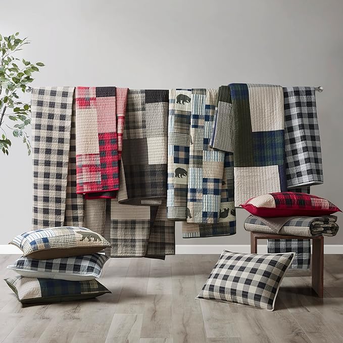 Woolrich Reversible Quilt Set - Cottage Styling Reversed to Solid Color, All Season Lightweight Coverlet, Cozy Bedding Layer, Matching Shams, Oversized King/Cal King, Winter Plains Stripes Taupe