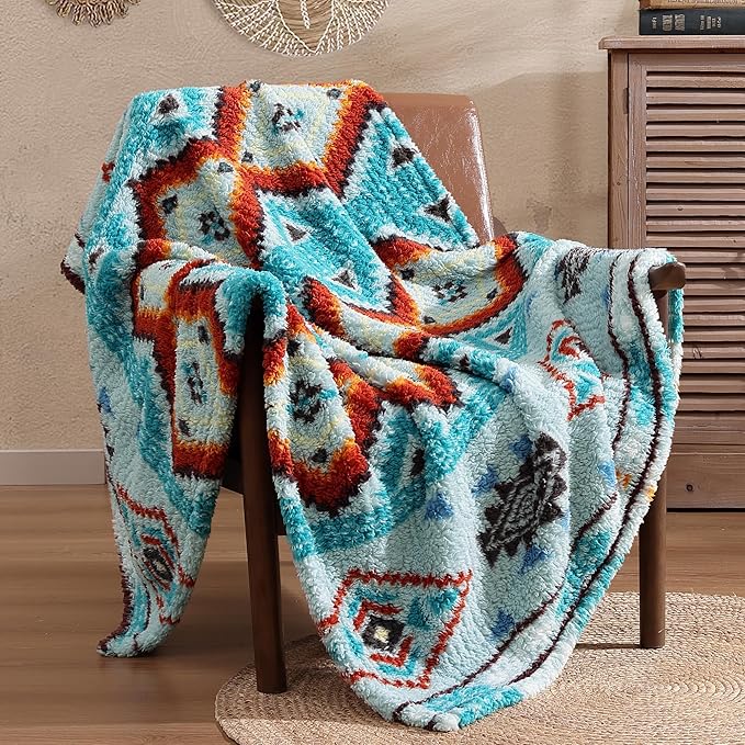 CASAAGUSTO Boho Sherpa Throw Blanket, Aztec Queen Blanket, Ultra Soft, Warm, Cozy, Plush, Thick Fleece Bohemian Throw Blanket for Couch, Bed, Sofa (Aqua 90 * 90 Inch)