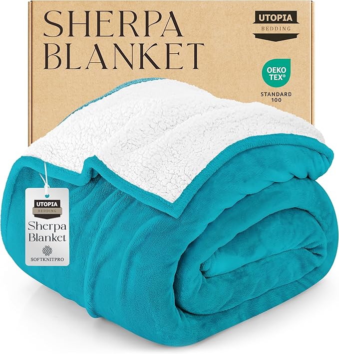 Utopia Bedding Sherpa Blanket Twin Size (Turquoise, 90x66 Inches) - Soft Lightweight Plush Fleece Reversible Blanket for Bed, Sofa, Couch, Camping and Travel