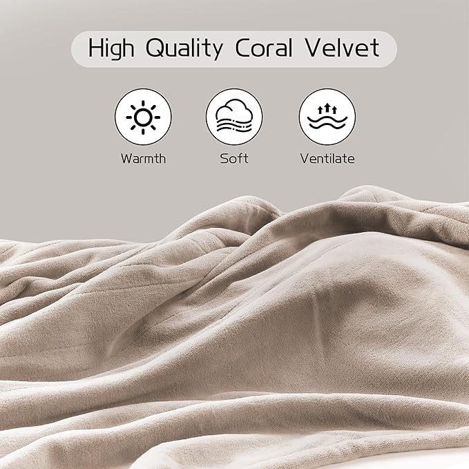 Electric Heated Blanket 84"x90" Queen Size, Soft Coral Fleece, Dual Controllers with 4 Heating Levels and 10 Hours Auto-Off, Machine Washable, Cozy Plush Fabric for Home, Light Brown