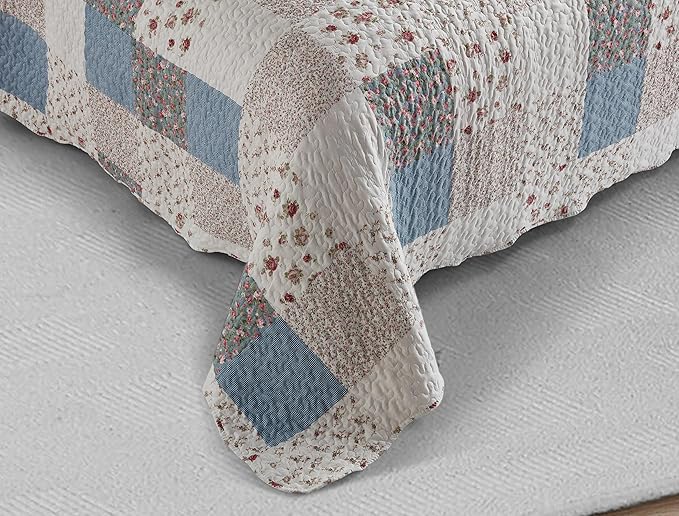 Brilliant Sunshine Pink Rose with Small Blue Check Patchwork, 2-Piece Quilt Set with 1 Sham, Reversible Bedspread, Soft Lightweight Coverlet, All-Season, Twin, Pink Blue