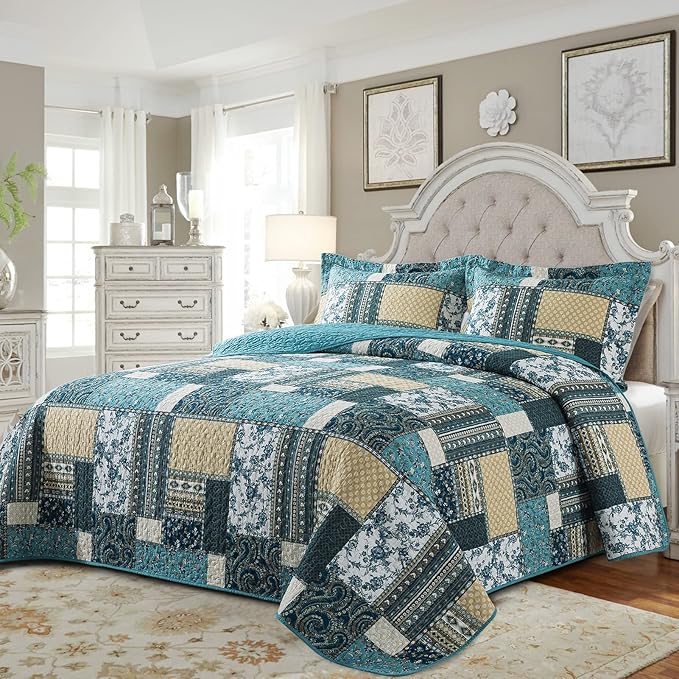 BEDIFANY Cotton Queen Size Quilt Sets, Lightweight Bedspread Queen Size Coverlet Boho Queen Quilt, Soft Farmhouse Queen Quilt Bedding Sets for Bed Decorations for All Seasons (3 Pieces, Blue)