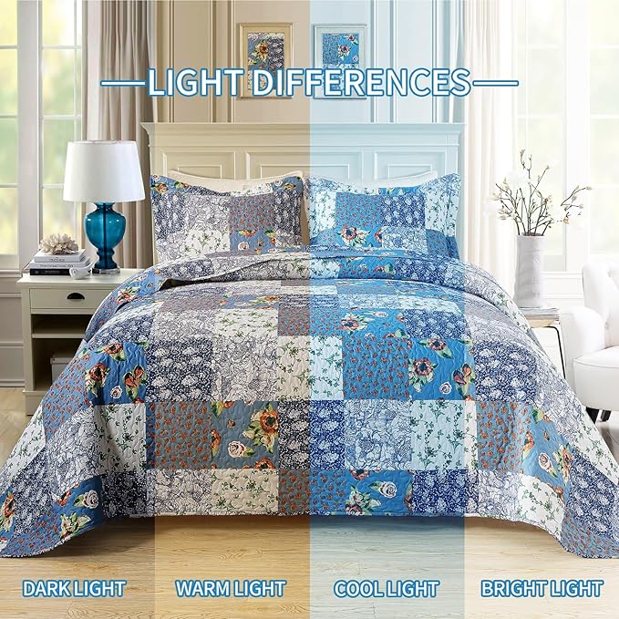 BEDIFANY Quilts Queen Size Bedding Set - Cotton-Filled Lightweight Bedspreads Queen Size (90 x 98 inch) with Garden Pattern - Reversible Farmhouse Queen Quilt Bedding Sets for Decorations, 3 Pieces