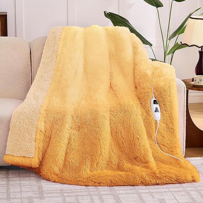 Heated Electric Blanket Throw–Faux Fur with Soft Thick Sherpa,Warm Winter Birthday Gifts for Women Grandma，10 Heat Settings,5 Time Settings with Fast Heating, 50x60, Beige