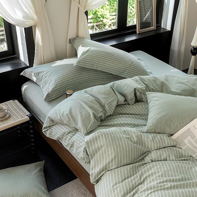 Reversible Duvet Cover Set 100% Washed Cotton Green Stripe Linen Feel Duvet Cover King Size with Zipper Closure & 2 Pillow Shams,Celadon Green/White Stripe Reverse Solid Celadon Green