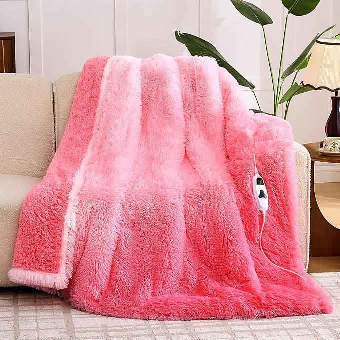 Heated Electric Blanket Twin,Warm Winter Birthday Gifts for Women Her Grandma–Faux Fur with Soft Sherpa,10 Heat Settings,5 Time Settings with Fast Heating, 62x84, Baby Pink