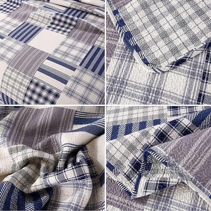 vctops Cotton Quilted Patchwork Quilt Set Queen Size Farmhouse Blue Plaid Bedspreads Coverlet 3 Pieces Summer Lightweight 1 Quilt and 2 Pillow Shams for All Season (Plaid B,Queen)