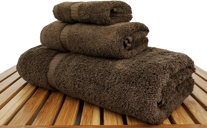 BC BARE COTTON Luxury Hotel & Spa Quality Collection, Quick Dry 100% Turkish Cotton, 750+ GSM, Eco Friendly Towel Set, Bathroom and Kitchen Dobby Border Towels (3 Piece, Cocoa)
