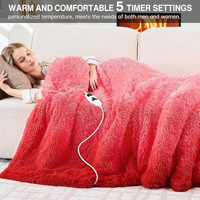 Heated Electric Blanket Twin,Warm Winter Birthday Gifts for Women Her Grandma–Faux Fur with Soft Sherpa,10 Heat Settings,5 Time Settings with Fast Heating, 62x84, Ruby Wine
