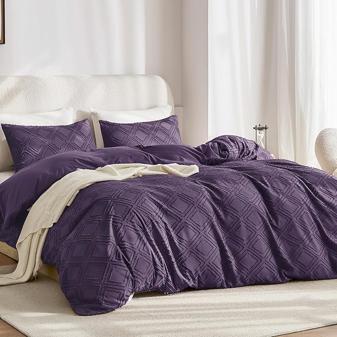 JELLYMONI Duvet Cover King Size Purple - 3PCS Boho Duvet Cover Set Plaid Polyester Tufted Bohemian Jacquard Knit Textured Comforter Cover 104×90in Rhombic Geometric Pattern Zipper Corner Tie
