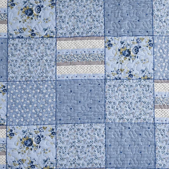 ENJOHOS 128x120 California King Quilt Sets Oversized, 3 Pcs Blue Plaid Floral Cal King Bedspread Coverlet Set for All Seasons, Patchwork Reversible Bedding Set