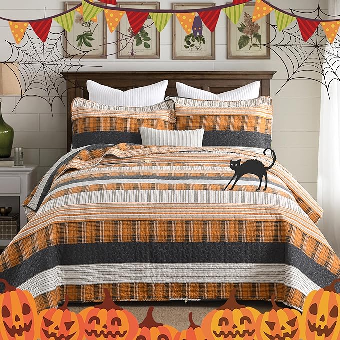 Homzard King Comforter Set,Cotton King Size Quilt，Caramel Orange Black King Bedding Set，Plaid Striped Bedspread Set，Lightweight Reversible Bed Set 3 Pieces