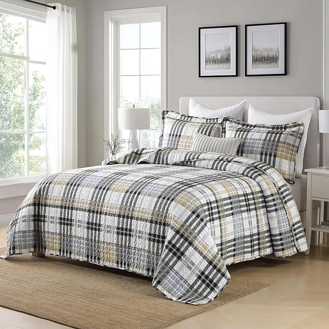 Quilt King Size, Cotton King Size Comforter Set,Grey Brown Black White Bedding Sets, Striped Plaid Bedspread Set, Farmhouse King Size Bed Set Lightweight All Season