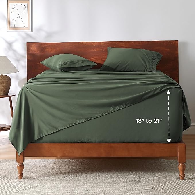 Bedsure Deep Pocket Full Size Bed Sheets Set - Fits Mattresses Up to 21 Inches Thick - 4 Piece GentleSoft Bed Sheets, Moisture Wicking, Cooling Bedsheet & Pillowcases, Easy & Secure Fit, Olive Green