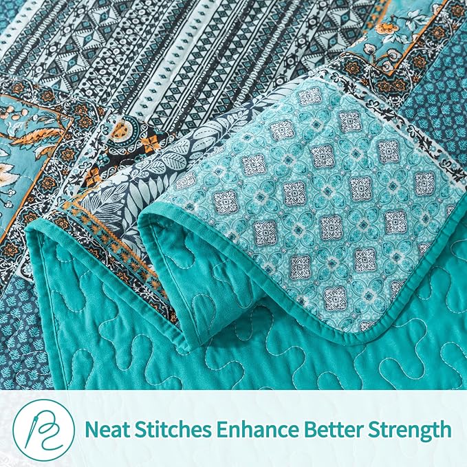 BEDIFANY Cotton Queen Size Quilt, Lightweight Bedspread Queen Size, Teal, Quilted Coverlets Queen Quilt Bedding Sets for Bed Decorations for All Seasons. 3 Pieces