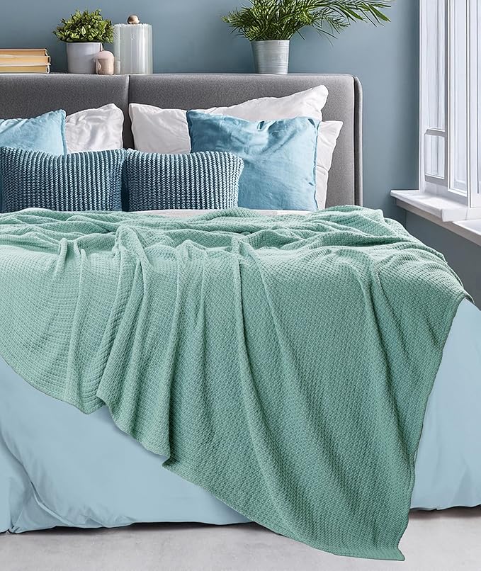 HILLFAIR 100% Soft Premium Combed Cotton Thermal King Blankets – Soft Cozy Warm Cotton Blanket– Bed Throw Blanket– King Bed Blankets– All Season Blanket– Sage