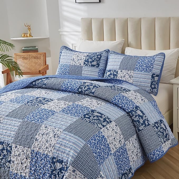 Mybedsoul Blue Boho Quilt Set Queen Size,3 Pieces Plaid Floral Bedspread Coverlet Set for All Season,Patchwork Reversible Bedding Set Queen 90"x96"