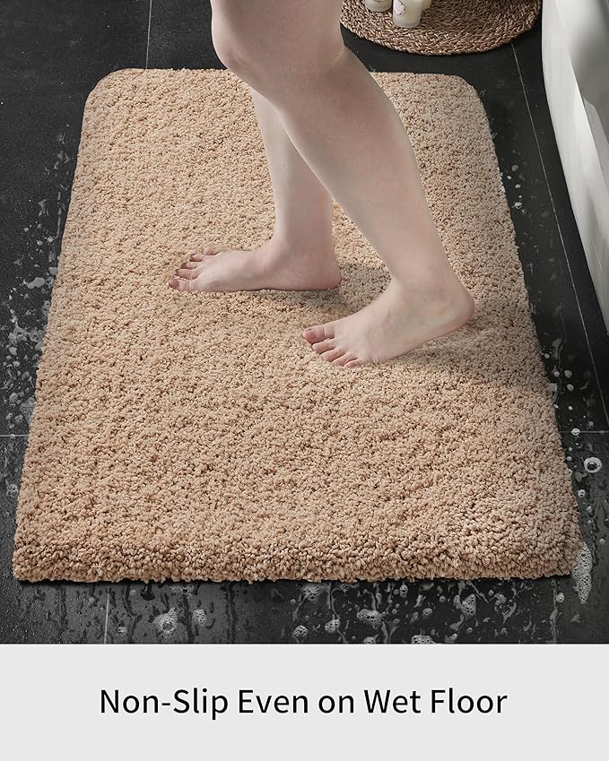 Beige Bathroom Rug 20x32 Non Slip Fluffy Bath Mat for Bathroom Floor Washable Plush Luxury Bath Rug for Tub Soft Shaggy Absorbent Shower Sink Mat
