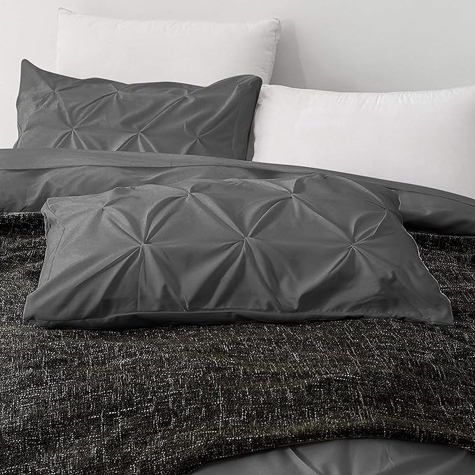 Pinch Pleated Duvet Cover Set 100% Brushed Microfiber 3PC Calking Size 98x104 Duvet Cover Set, Decorative Pinch Design Dark Grey Duvet Cover with Matching Pillow Case