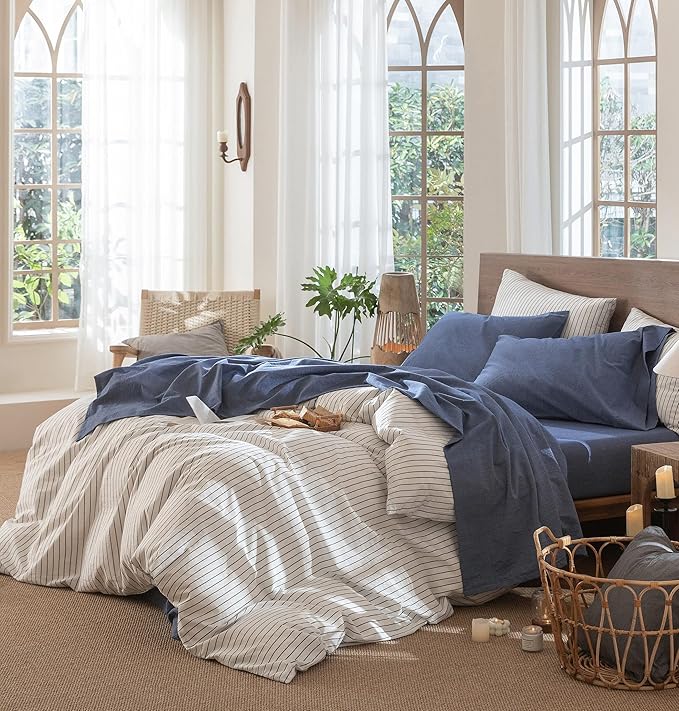 MooMee Bedding Sheet Set 100% Washed Cotton Linen Like Textured Breathable Durable Soft Comfy (Heathered Blue, Full)