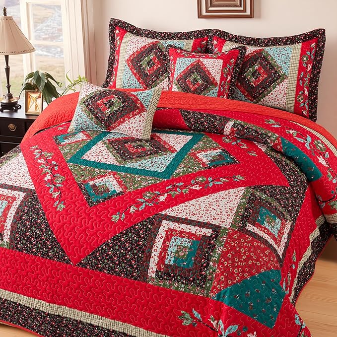 BEDIFANY Christmas King Size Quilt Set - Cotton Bedspreads King for Bed - Lightweight Farmhouse King Quilt Bedding Sets for All Seasons, 3 Pieces