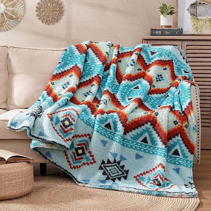 CASAAGUSTO Boho Sherpa Throw Blanket, Aztec Throw, Ultra Soft, Warm, Cozy, Plush, Thick Fleece Bohemian Throw Blanket for Couch, Bed, Sofa (Aqua 50 * 60 Inch)