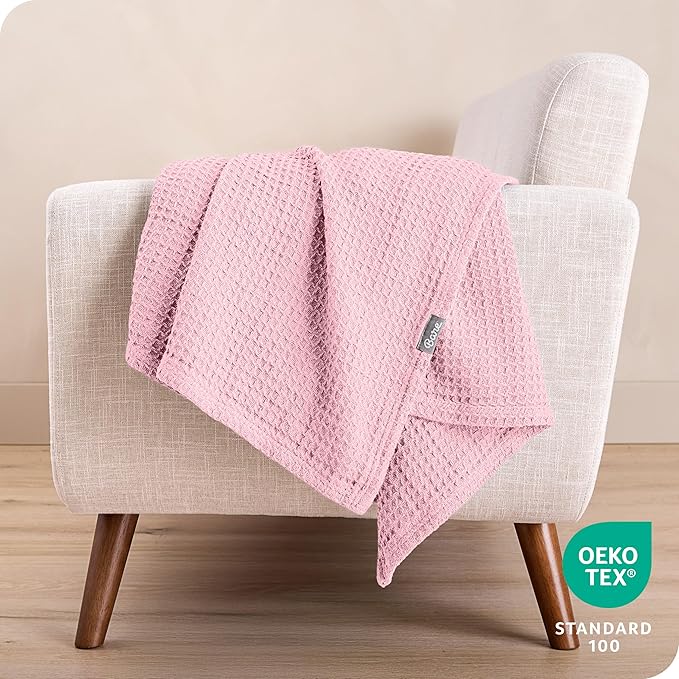Bare Home Light Pink Waffle Blanket, Extra Long - 66Wx90L, 100% Cotton, Soft & Breathable Blanket for All Seasons, Lightweight, Perfect for Layering Bed, Sofa & Couch (Twin/Twin XL, Light Pink)