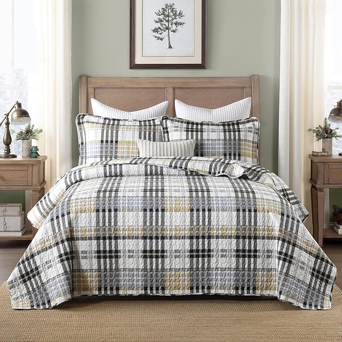Quilts Queen Size, Cotton Queen Size Comforter Set, Brown Black Grey White Striped Bedding Sets, Plaid Queen Bedspread,Striped Bed Set Lightweight Reversible All Season 3 Piece