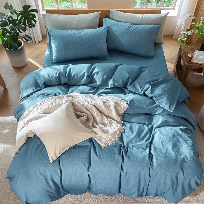 MooMee Bedding Duvet Cover Set 100% Washed Cotton Linen Like Textured Breathable Durable Soft Comfy (Heathered Peacock Blue, Cal King 104"x98")