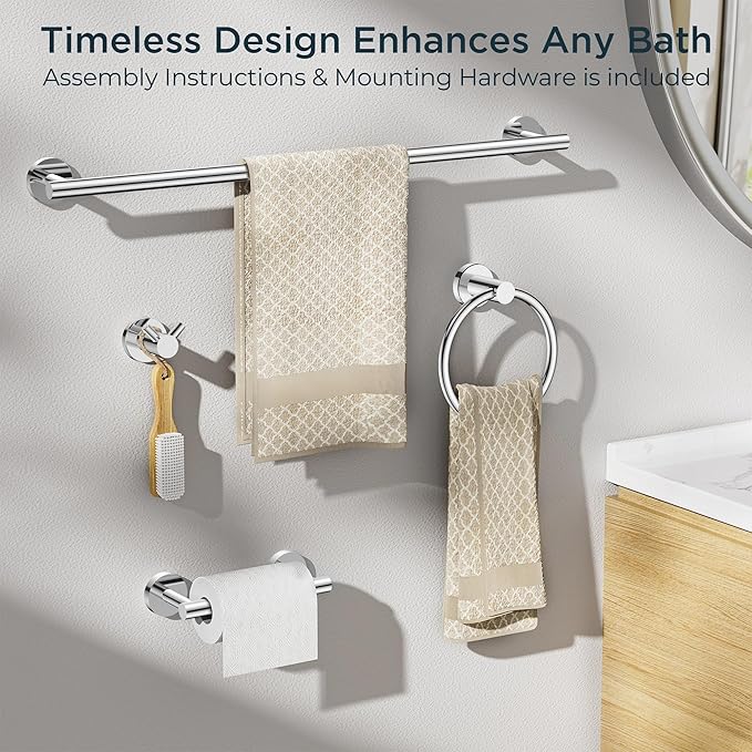 FORIOUS Bathroom Hardware Accessories Set, SUS304 Stainless Steel 24 Inch Towel Bar Set, Modern Towel Racks Holder for Bathroom Wall Mounted, 4 Pieces, Chrome