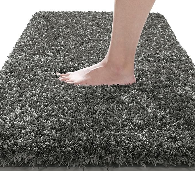 Yimobra Luxury Bathroom Rugs, Fluffy Bath Mats, Non Slip, Water Absorbent Microfiber, Machine Washable, Plush Runner Shower Rug, Thick Mat for Bathroom Floor/Tub, 56"x 24", Light Gray and Black Gray