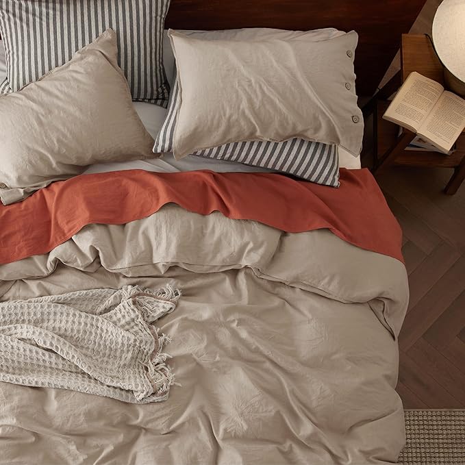 Bedsure Linen Duvet Cover King Size - Linen Cotton Blend Bedding Set, Soft & Cozy, 3 Pieces, 1 Duvet Cover 104x90 Inches and 2 Pillowcases, Warm Tan Color Cooling Bedding, Comforter Sold Separately