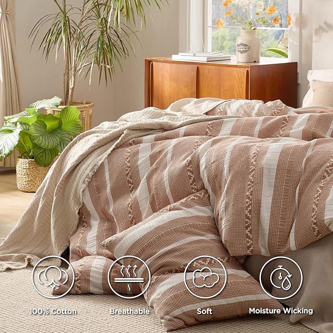 Bedsure Waffle Weave Duvet Cover Queen - 100% Cotton Boho Duvet Cover Set with 2 Pillowcases - Extra Soft Terracotta Textured Comforter Cover with Zipper Closure (Queen, 90"x90")