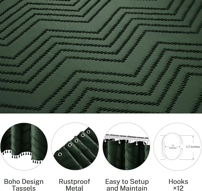 Extra Long Dark Green Boho Shower Curtain with Tassel, Woven Fabric 84 in Shower Curtain, Tufted Chevron Striped, 72 x 84, Modern Chic Textured Minimalist Bathroom Shower