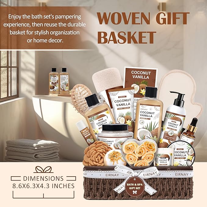 Christmas Gifts For Women - 16 PCS Gift Basket for Women Set of Coconut Vanilla Self Pampering Set, Includes Luxurious Home Spa Shower Gel Bubble Bath