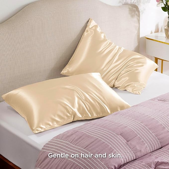 Bedsure Satin Pillowcase with Zipper, Similar to Silk Pillow Cases 2 Pack, Satin Pillow Cases King, Silky & Soft Bedding Pillow Covers for Hair and Skin, Gifts for Women Men, Champagne, 20x36 Inches