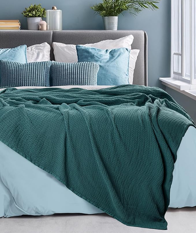 HILLFAIR 100% Cotton Blanket for Bed, Soft Lightweight & Breathable Summer Oversize Cotton Blankets, Premium Cozy Throw Layers for Bed, Couch and Sofa: Wedgewood (120"x120")