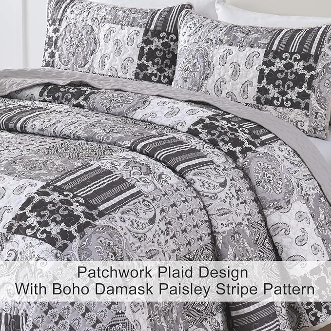 WONGS BEDDING Grey Quilt Set Queen Size, Patchwork Plaid Bedspread Bedding Sets Soft Microfiber Boho Quilts for Queen Bed 3 Pieces Coverlet Set for All Season (96"x90")