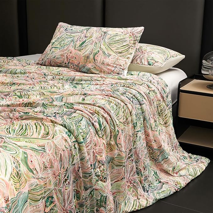 Cyusri Floral Print Cooling Comforter Set 3Pcs Breathable Cool Queen Size Bedding Set with 2 Pillowcases Green Pink Flowers Pattern Silky Cold Quilt, 90"x90"