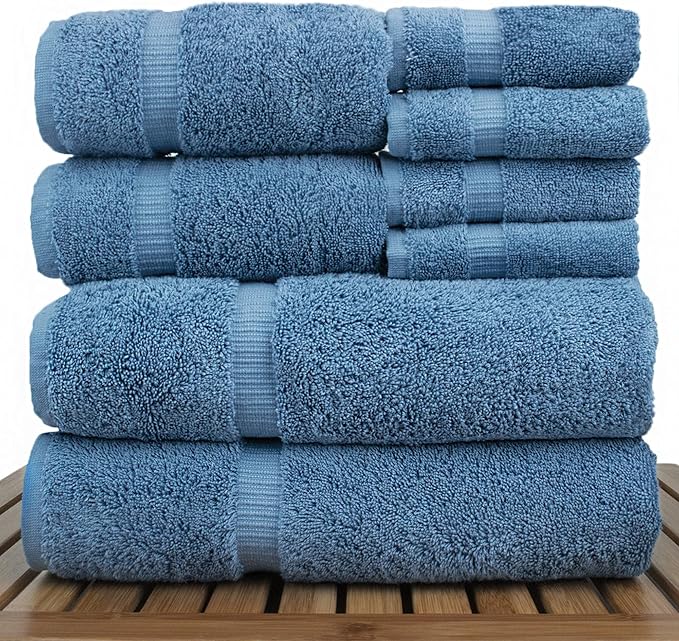 Luxury Hotel & Spa Quality, Highly Absorbent 100% Turkish Cotton, 750+ GSM, Eco Friendly Towel, Bathroom and Kitchen Dobby Border Towels, 2 Bath Towel, 2 Hand Towel, 4 Washcloths (8 Piece, Wedgewood)