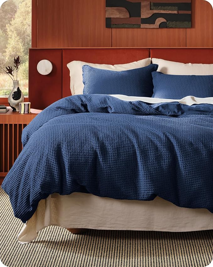 Bedsure Cotton Duvet Cover Queen - 100% Cotton Waffle Weave Navy Blue Duvet Cover Queen Size, GentleSoft™ and Breathable Bedding Set for All Season, 3 Pieces, 90"x90"