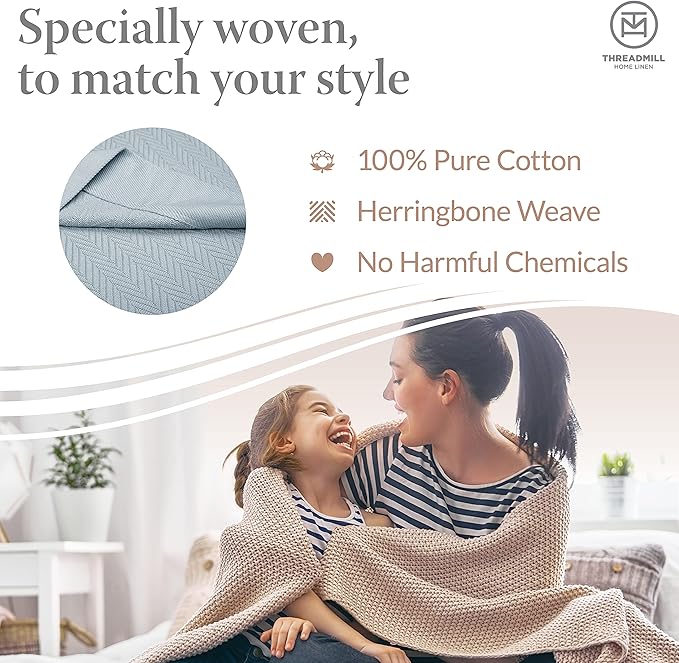 Threadmill Luxury Cotton Blankets for Twin Size Bed | All-Season 100% Cotton Twin Blanket for Bed | Herringbone Soft & Cozy Fall Thermal Blanket, 350GSM, 68x92 inches | Scottish Grey