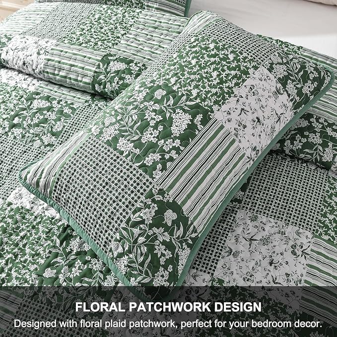 Mybedsoul Green Quilt Set Twin Size, 2 Pieces Plaid Floral Bedspread Set Patchwork Reversible Bedding Set Microfiber Lightweight Bedspread Coverlet Set for All Season 68"x86"