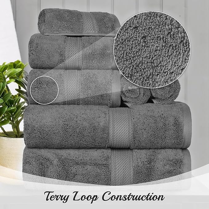 SUPERIOR Egyptian Cotton Pile 9 Piece Towel Set, Includes 3 Bath, 3 Hand, 3 Face Towels/Washcloths, Ultra Soft Luxury Towels, Thick Plush Essentials, Guest Bath, Spa, Hotel Bathroom, Charcoal