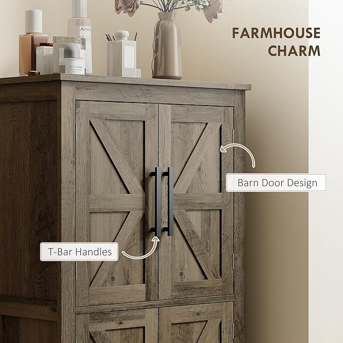 HOMCOM Farmhouse Bathroom Storage Cabinet with 4 Barn Doors, Bathroom Floor Cabinet with 2 Adjustable Shelf, Freestanding Storage Cupboard, Brown